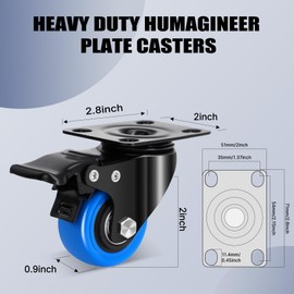 Humagineer 2 Inch Casters Wheel Set of 4, 600 Lbs Heavy Duty Casters, Safety Swivel Casters with Brake, No Noise Top Plate Wheels for Furniture, Carts (Free Screws and 1 Screwdriver)