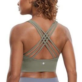 CRZ YOGA Naked Feeling Criss Cross Longline Sports Bras for Women - Wirefree Padded Strappy Yoga Cropped Tops Light Army Green X-Small