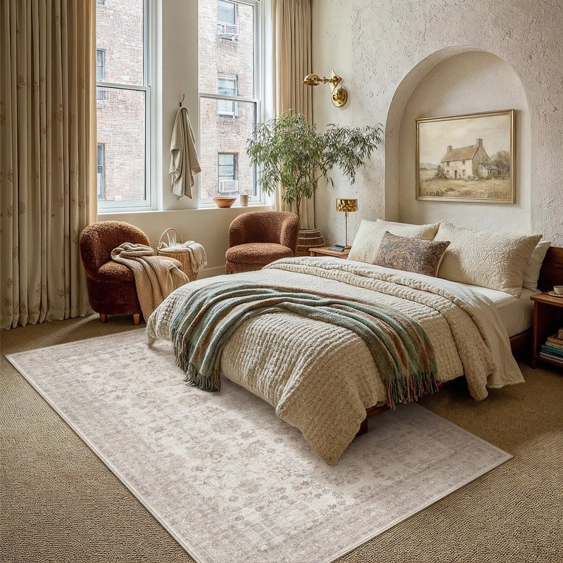 PureCozy 8x10 Living Room Area Rug Beige Washable Vintage Floral