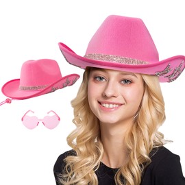 Peicees Cowboy Hat with Heart Shaped Sunglasses for Women Girls Shiny Rhinestone Cowgirl Felt Hat for Western Party Costumes Pink