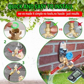 Ceaeso Brass Garden Hose Splitter 2 Way Heavy Duty, Y Valve Hose Splitter With Stainless Steel Long Handle, 3/4" GHT Thread Y Valve Water Garden Hose Tap Adapter