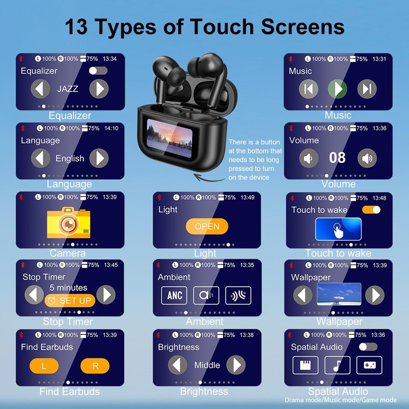 Touch Screen Earbuds, Smart Earphones with Touchscreen, 13 Functions Wireless