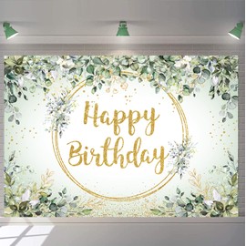 Sage Green Happy Birthday Background Eucalyptus Green Leaves Neutral Birthday Photography Background Children Adults Baby Shower Jungle Theme Birthday Party Decor Background (240 x 180 cm)