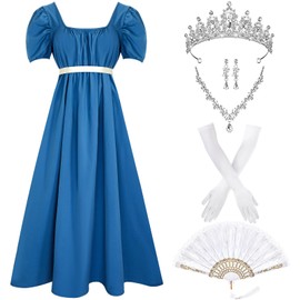 Xaatren 6 Pcs Women's Regency Dresses with Jewelry Set Renaissance Dress Victorian Dresses for Women with Gloves Fan (Blue,Small)