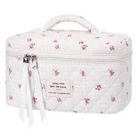 senbowe Large Quilted Makeup Bag, Cotton Floral Cosmetic Bag for Women, Cute Coquette Aesthetic Makeup Bag Toiletry Bag, Travel Make Up Organizer Bag with Zipper and Ribbon