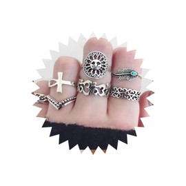 TseenYi Boho Knuckle Rings Silver Sun Flower Finger Rings Set Retro Joint Rings Leaf Turquoise Stackable Midi Rings for Women and Girls