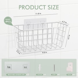 Wire Hanging Wall Basket, Baskets Set Adhesive Wall Mount Organizer for Pantry Kitchen RV Bathroom Cabinet Storage Organization (4 White)