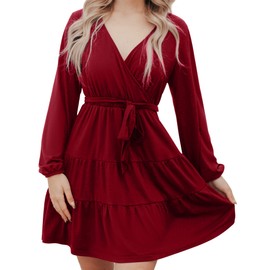 KOJOOIN Women Long Puff Sleeve Tiered Cocktail Dress, Wine