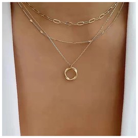Inilbran Boho Layered Circle Choker Necklace Gold Hollow Circle Pendant Necklace Geometric Circle Necklace Choker Vintage Paperclip Chain Necklace for Women and Girls
