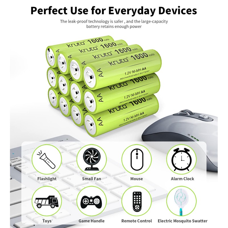 Kruta Ni-MH AA Rechargeable Batteries, Double A 1600mAh High Capacity