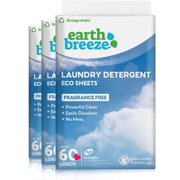 Earth Breeze - Liquid-less Laundry Detergent Sheets - Fragrance Free - No Plastic Jug (180 Loads) 90 Sheets (Pack of 3)