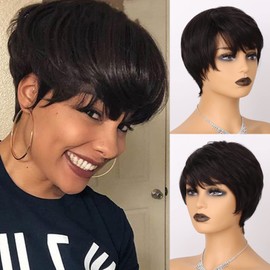 YTbeauty Glueless Wear and Go Wig Short Human Hair Wigs Pixie Cut Wig with Bangs 150% Density Black Layered Wavy Wigs for Women (1B)