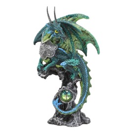 Ebros Gift Battle Suit Armored Green Pagoda Dragon Perching On Gemstone Rock Pillar Statue 6.75" Tall Fantasy Legends Dungeons and Dragons Collectible Statue Decor