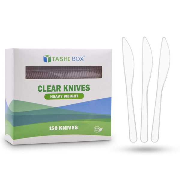 TashiBox Plastic Disposable Knives for Dinner - Wedding Tableware Disposable Plastic Knives, Clear Plastic Knives Heavy Duty 150 Pack for Birthday Party