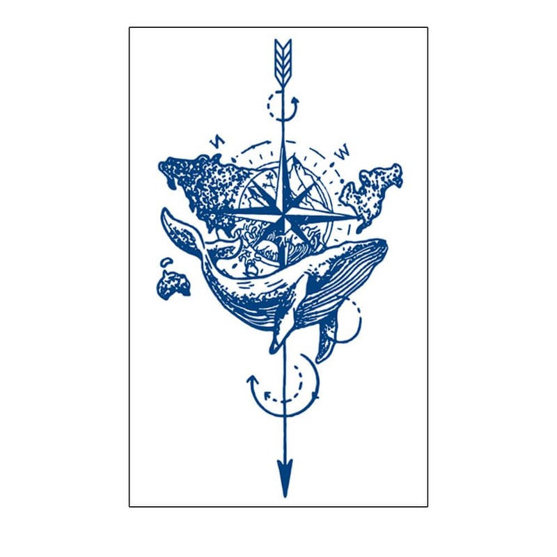 2 Sheets Temporary Whale Tattoo World Tattoo Compass Tattoo Arrow