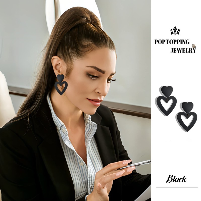 PopTopping Double Heart Earrings Dangling Black Heart Dangle Earrings Love