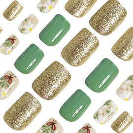 Summer Press on Nails Short Stick on Nails Flowers Daisy Design Fake Nails with Glue Green Gold Glossy Acrylic Nails for Women DIY Manicure Tips Party Summer Nails Decoration 24pcs