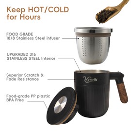 Vynrik - Taza de té con infusor y tapa, taza de té de acero inoxidable con asas, colador de té grande para té suelto (negro)