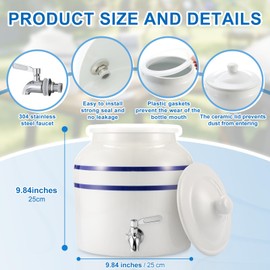 FillTouch Ceramic Water Dispenser Crock Water Dispenser with 304 Stainless Steel Faucet, Valve and Lid for 3 to 5 Gallon Jugs Porcelain Cooler for Home, Office, Indoor, Outdoor, Party Use