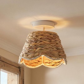CKENSU Handwoven Rattan Semi Flush Mount, Farmhouse Ceiling Light with White Metal Ceiling Mount, Natural Wicker Basket Ceiling Lamp for Bedroom, Kitchen, Boho Home Decor (10.2" D x 6.7" H)