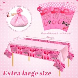HyDren 3 Pcs Cowgirl Birthday Party Decorations Pink Disco Cowgirl Theme Tablecover Western Disposable Plastic Tablecloth Horse Party Decorations for West Birthday Baby Shower, 54 x 108 Inches