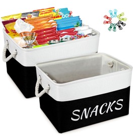 Snack Organizer for Pantry, Decorative Snack Basket with 10pcs Chip Clips, Snack Organizer for Desktop, Collapsible Snack Organizer for Pantry Shelf, Office, Kitchen and More (Black, Medium-2 Pack)