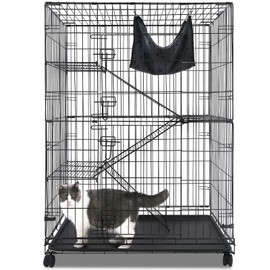 Homey Pet 50 Inch Cat Cages Indoor, Large 4-Tier Cat Crates for Indoor Cats, Collapsible Metal Wire Cat Kennel Big Multi-Level Cat Cage for Adult Cats Kitten Kitty with Hammock, Ramp, 360° Wheels