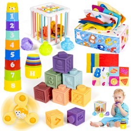 5 in 1 Montessori Baby Toys 6–12 Months Newborn Toy Suction Cup Spinner Toy for Baby Pull String Infant Teething Toys Building Blocks Tissue Box Toy Baby Sensory Bin for 1 2 3-Year-Old Boy Girl Gift
