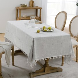 Softalker Outdoor Tablecloth Rectangle, Waterproof Linen Cotton Farmhouse Table Cloths with Tassel, Heavy Weight Wrinkle Free Fabric Table Cover for Dining/Party/Rustic - 55 x 120 Inch, Grey Plaids