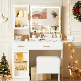 NUNU LAB Vanity Desk with Mirror and Lights, Makeup Vanity Set with Storage Shelf and Drawers, Bedroom Dressing Table with RGB Cabinets, Cushion Stool & Brighter LED Lights for Women, Girls, Teens