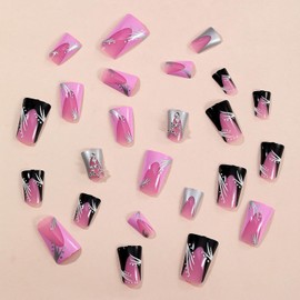 FIEONCIY Press on Nails Duck Shape Glossy Full Cover Medium Acrylic French False Nails with Designs Artificial Duck Fake Nails with Charms Glue ons Nails Stick on Fingernails for Women(A30405)