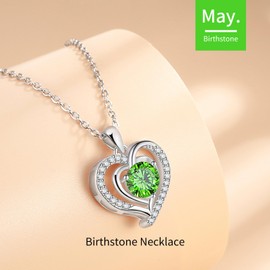 Yaumatea Heart Necklace, I Love You Always & Forever, Birthstone Cubic Zirconia Pendant, Gift for Women (Double Heart, Silver 05 May)