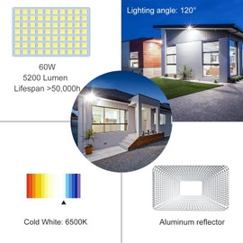 CLY 60 W LED Spotlight with Motion Sensor Outdoor 5200 LM Super Bright 6500 K Cool White LED Floodlight IP66 Waterproof Outdoor Spotlight Brightness Adjustable Headlight for Garden Garage Yard Sports