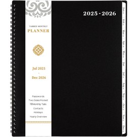 Monthly Planner 2025-2026 - JUL 2025 - DEC 2026 Monthly Planner, 18 Monthly Calendar with Tabs & Pocket & Label, Contacts, 9" x 11", Thick Paper, Twin-Wire Binding, Black