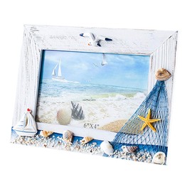 JANOU Mediterranean Photo Frame Wooden Picture Frame Wooden Photo Frame Holder for Nautical Beach Themed Home Coffee Shop Decoration, 6x4 Inch