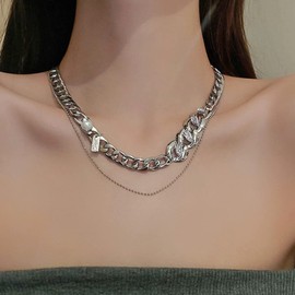 Jumwrit Layered Necklace Cuban Chain Necklace Tiny Beaded Necklace Rhinestone Pearl Necklace Silver Chain Necklace with Bar Pendant for Women