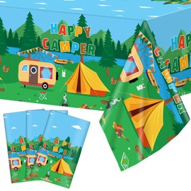 OBUSATT 3PCS Camping Tablecloth Camping Party Table Cover Happy Camper Adventure Table Cloth Camp Out Campfire Forest Themed Plastic Table Covers Party Supplies for Birthday Decor Picnic 107 X 54inch