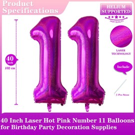 Laser Hot Pink Number 11 Balloons, 40 Inch Giant Pink Number Balloons Nylon Helium Hot Pink Number 11 Balloons for 11th Birthday Party Supplies Anniversary Event Celebration Decorations