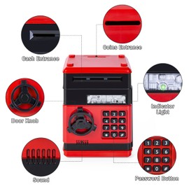 Thedttoy Kids Money Safe Piggy Bank Toy Money Bank w/Electronic Lock, Auto Scroll Paper ATM Machine Money Box Safe for 3-12 Years Old Children Boys Girls, Best Toy Gifts for Birthday Christmas (Red)