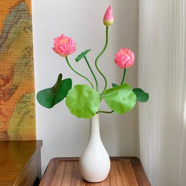 Evlasumflow 2pcs Artificial Lotus Flowers with Leaves 17" Pink Fake Water Lily Bouquets for Vase Bouquet Home Office Wedding Decor.(Pink,2pcs)