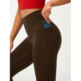 Omwilddo Women's High Waisted Yoga Leisure Leggings 25" Light Compression Butter Smooth Workout Legging Pants Side Pockets Coffee Brown M