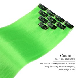 Rose bud Coloured Hair Extensions Clip in 10 pcs Straight Synthetic Hairpieces Highlights 21 Inch Grass Green Clip on Hair Extension for Women Girls Christmas Party