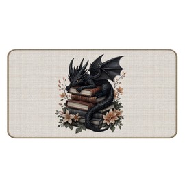 Xiyurlk Black Book Dragon Welcome Doormat, Bookish Bookworm Dragon Lovers Bedroom Bathroom Decor Rug Front Door Mat Indoor Entrance, Flying Dragons Bath Mat, Housewarming Gift, 17x30 Inch