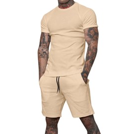 Uni Clau Mens Short Sets 2 Piece Outfits Fashion Summer Tracksuits Casual Shirt and Shorts Set Khaki XL