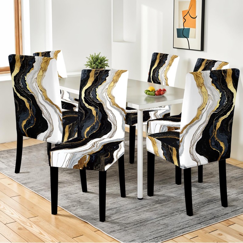 ANNA QUEEN Gold and Black Marble Chair Covers for Dining