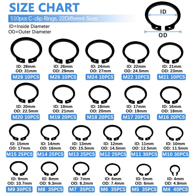 850Pcs C-clip External Retaining Rings Snap Rings Assortment Kit Circlip