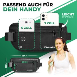 praxxim Die Bauchtasche zum Joggen - Perfekt sitzende Lauftasche - Bauchtasche Damen & Herren - Gürteltasche - Laufgürtel für Jogging und alle Handy Größen (schwarz)