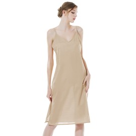 BEAUTELICATE Women V-Neck Long Full Slip 100% Cool Cotton Underdress Underskirt Petticoat Summer Straight Midi Spaghetti Strap Nightdress Nghtie Chemise Nude, XL