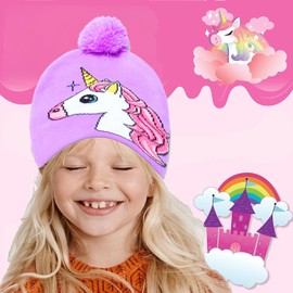 D.O.T Girls Unicorn Winter Hat and Mitten Or Gloves Set for Kids Cold Weather Accessories Age 3-12 (Purple)