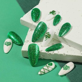 24pcs Short Almond False Nails Glitter Green White Stick on Nails Irish Shamrock Heart Press on Nails Glitter Gold Swirl Removable Glue-on Nails Fake Nails St Patricks Day Women Nail Art Accessories